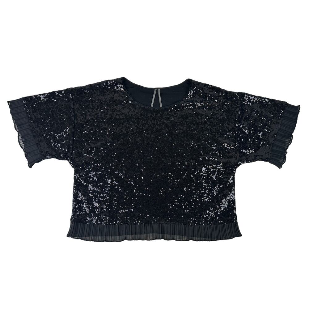 Anthropologie Black Sequined Short Sleeve Top with Pleated Trim Women's Sz XL